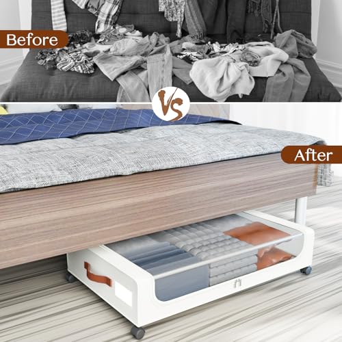 Under Bed Storage with Wheels, UnderBed Storage Containers with Clear Lid and Handles, XXL 60L Under the Bed Storage Bins Drawers for Clothes,Blankets,Shoes,Books (WHITE, 2 PACK) - color: WHITE, size: 2 PACK