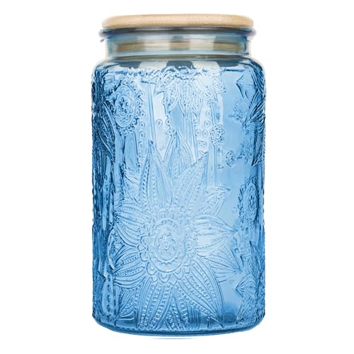 Custde Glass Storage Jars With Airtight Lid, 35oz Canister For Kitchen Counter with Bamboo Lid, brown sugar, candy, coffee, cookie, salt, tea,pantry cute Jar (Blue, 35 fl oz) - color: Blue, size: 35 fl oz