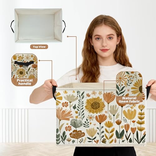 Boho Floral Storage Box Bins, Cottagecore Country Wildflower Botanical Collapsible Storage Basket Organizer for Bedroom Laundry Room Home Clothes Toys Books, Toybox for Girls - color: Floral J