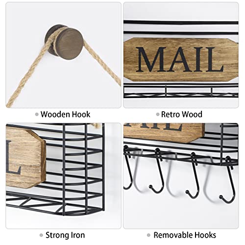 SRIWATANA Mail Organizer Wall Mount, Rustic Mail Holder Key Holder for Wall with Hooks, Small Size, Carbonized Black - color: Carbonized Black, size: Small