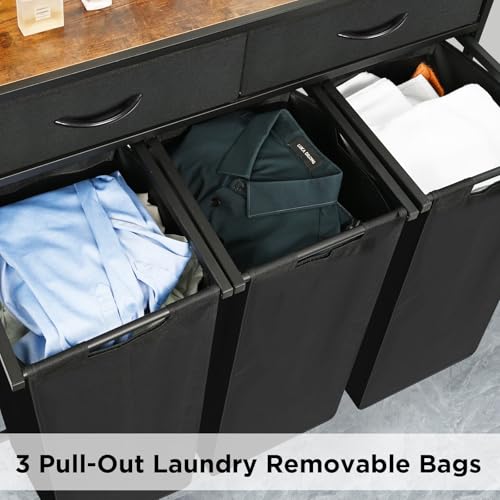 Laundry Sorter 3 Section, 180L Laundry Hamper Basket with Shelf and 2 Drawers, 3 Compartment Clothes Storage Organizer Cart, Pull-Out Removable Oxford Fabric Bags, Black - color: Black, size: 180L