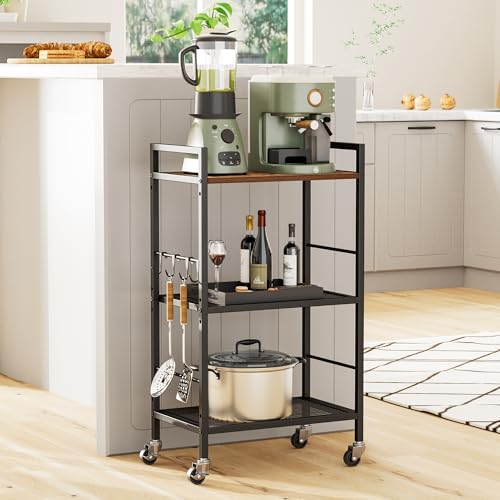 3-Tier Metal Storage Rack with Industrial Wheels,Mesh Shelving Unit with Wooden Table top,Adjustable Shelf,16.9-Inch Width,for Kitchen,Laundry,Pantry,Plant,Black - color: Brown Panel, size: 3 Tier (16.9"W x 11.8"D)