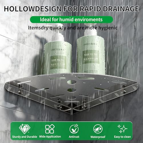 3 Pack Corner Shower Shelves, 304 Stainless Steel Corner Shelf Bathroom with 6 Hooks 40 lbs Heavy Duty, Durable for Inside Shower Brushed Nickel Drilling Installation（Silver - color: Silver Thickness 1mm 3pcs