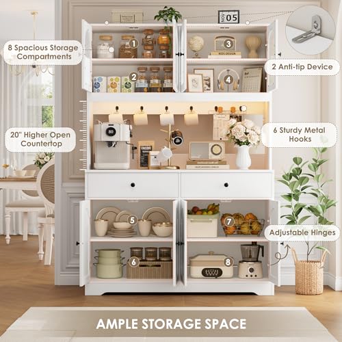 HIFIT 71" LED Kitchen Pantry Cabinet with Power Outlet, Large Kitchen Hutch Storage Cabinet with Arched Door & Shelves & 2 Drawers, Tall Modern Coffee Bar with Hutch for Home Dining Living Room, White - color: White