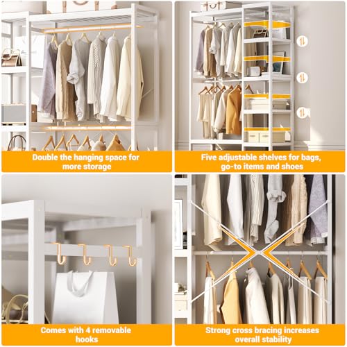 Homykic Bamboo Clothes Rack Garment Rack for Hanging Clothes, Heavy Duty Clothing Rack with 7 Tiers Adjustable Shelves, Double Rods, 4 Hooks, Freestanding Closet System Organizer Wardrobe, White - color: White, size: II Medium