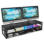 Simple Trending 2 Tier Metal Monitor Stand Riser with USB 2.0 and Charging Prot , Computer Office Desktop Organizer for 2 Monitors with 2 Drawer Storage and Reusable Cable Ties for Printer, TV, Black