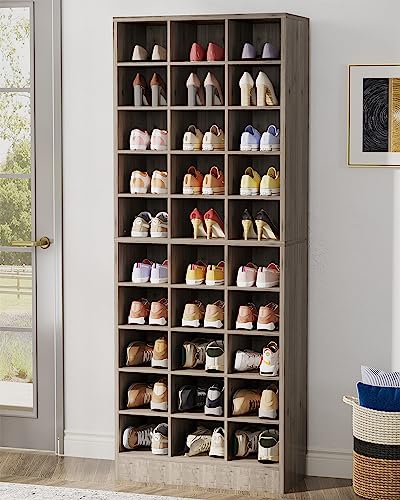 Tribesigns 10-Tier Shoe Storage Cabinet, Gray Wooden Shoe Rack with 30 Cubbies, Freestanding Tall Entryway Shoe Organizer for Closet, Entryway, Living Room - color: Grey