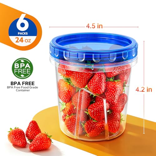 Freezer Storage Containers, [6 Pack-24 Oz] Airtight Plastic Food Storage Containers with Twist Top Lids, Soup, Meal Prep Containers | BPA Free | Stackable | Leakproof | Microwave/Dishwasher Safe