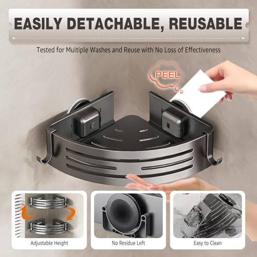 Conworld Corner Shower Caddy with Suction Cups, Shower Suction Shelf With Towel Bar, Wall Bathroom Shower Organizer Corner with Hooks, No-Drilling Removable (Aluminum, 2-Pack, Gunmetal Gray) - style: Gunmetal Gray-（With towel bar）
