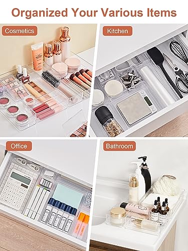 SMARTAKE 30-Piece Drawer Organizer with Non-Slip Silicone Pads, 7-Size Desk Drawer Organizer Trays Storage Tray for Makeup, Jewelries, Utensils in Bedroom Dresser, Office and Kitchen (Clear) - size: 30 PCS