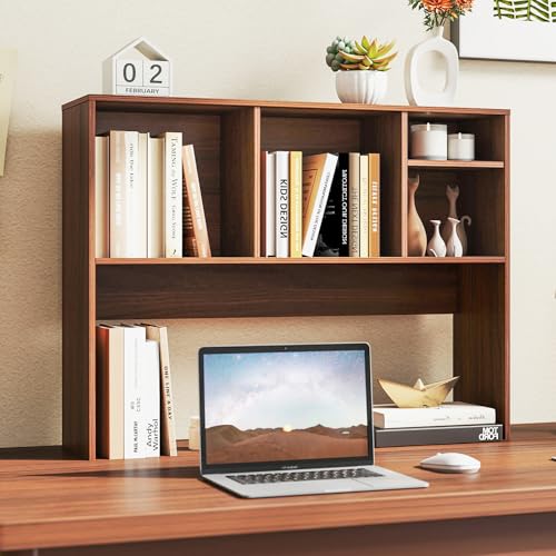 Tangkula Desktop Bookshelf, Countertop Storage Hutch with 4 Shelves for Computer Desk, Desktop 2-Tier Display Rack, Multipurpose Wood Desk Hutch Storage Organizer for Dorm Office Home (Walnut) - color: Walnut, size: 4 Shelves