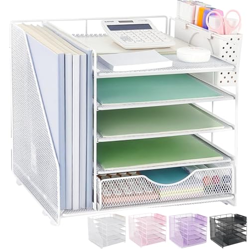 Desk Organizer with Drawer and Pen Holder, 5-Tier Paper Letter Tray Organizer with File Holder, Suitable for Workspace Organizer Office Supplies Storage (White) - color: White
