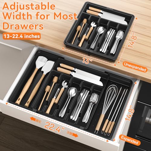 RoomHacks Large Silverware Organizer,Expandable Utensil Drawer Organizer,BPA Free Utensil Holder,Adjustable Silverware Tray Cutlery Drawer Organizer for Kitchen Flatware,Large,Black (6-8 Slots) - color: Black