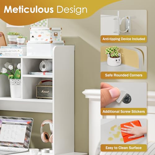 SUPER DEAL Desktop Bookshelf, Countertop Storage Hutch with 4 Shelves for Computer Desk, 2-Tier Display Rack, Multipurpose Wood Desk Hutch Storage Organizer for Home Office Dorm, White - color: White