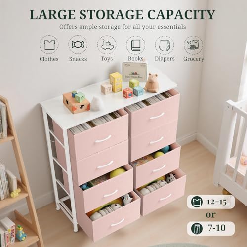 8-Drawer Dresser for Bedroom, Anti-Tip Tall Storage Organizer Chest of Drawers with Wooden Top and Metal Frame Fabric Bins for Closet, Living Room, Hallway, Entryway, Pink - color: Pink, size: 11.8"D x 31.4"W x 36.3"H (8 Drawers)