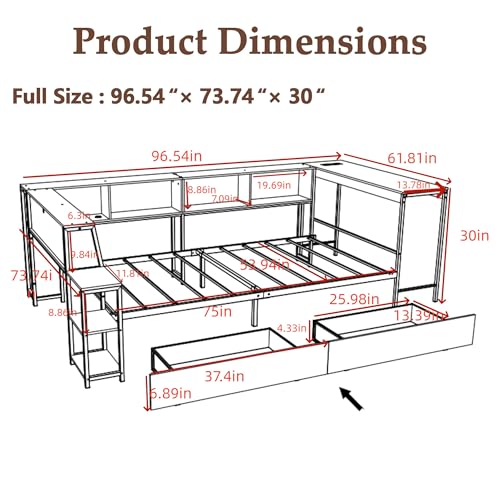 HRVEOCEI Corner Bed Frame Full with Storage Bookshelf & Desk, U-Shaped Daybed Frame with 2 Drawers, Metal Corner Beds with Charging Station & LED Lights for Bedroom, Flip Left or Right (Black, Full) - color: Black, size: Full
