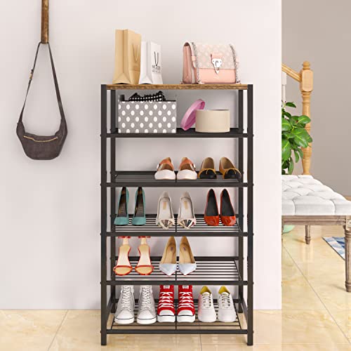 Yusong Shoe Rack Organizer, 6 Tier Industrial Shoe Storage Shelf, Narrow Sturdy Metal Shoe Shelves for Closet Entryway, Rustic Brown - color: Rustic Brown, size: 6 Tier