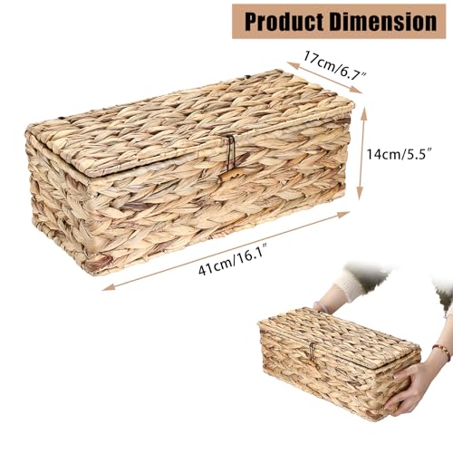 Sumnacon Wicker Storage Basket with Lid Rectangle Wicker Basket with Lid for Toiletries Tampon Storage,Toilet Tank Topper Basket Water Hyacinth Storage Baskets for Shelf Bathroom Toilet Table
