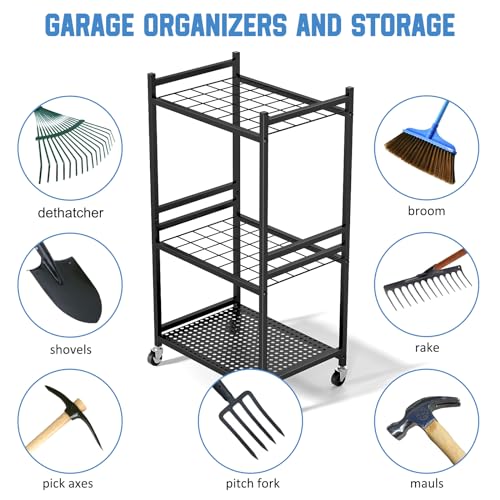 DAOUTIME Garden Organizer With Wheels, Yard Tower Rack for Garage Storage, Up to 35 Long-Handled Tools, Sturdy Metal Steel Holder With 3 Hooks, Outdoor, Black - size: 3 Tier