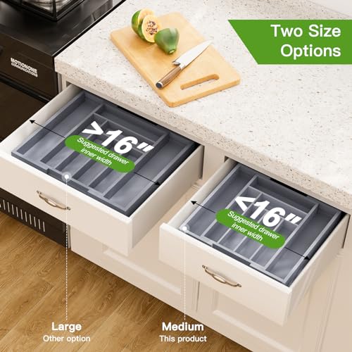 Pipishell Bamboo Expandable Drawer Organizer for Utensils Holder, Adjustable Cutlery Tray, Wood Drawer Dividers Organizer for Silverware, Flatware, Knives in Kitchen, Bedroom, Living Room(M-Grey) - color: Grey, size: Medium