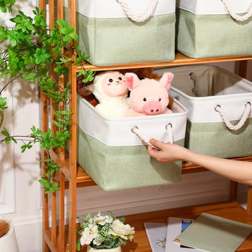 meekoo 8 Pack Collapsible Storage Bins Fabric Storage Bins Polyester Fabric Baskets with Handles Linen Closet Organizer for Shelf Home Closet Towels Toys(15 x 11 x 9.5 in,Green White) - color: Green White, size: 15 x 11 x 9.5 In