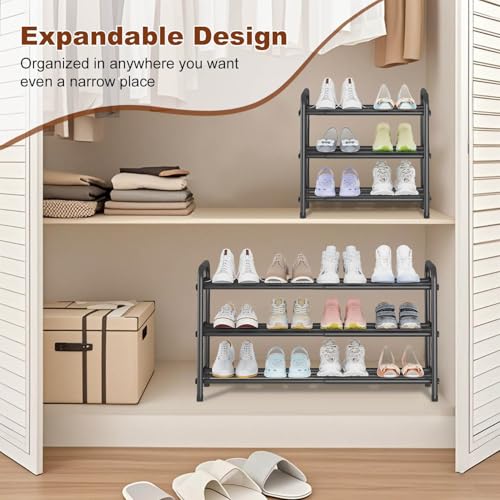 KANAV Expandable Shoe Rack Organizer – 3-Tier Shoe Shelf for Closet, Entryway & Front Door – Space-Saving Shoe Storage Solution - color: Black, size: 3-Tiers
