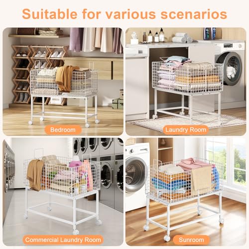 Large Rolling Laundry Basket Cart,Wire Laundry Hamper Cart with Handle and Wheels,White High Laundry Hamper for Laundry Room,Bedroom and Bathroom-120L White (29.5"L*19.7"W*27.95"H inch) - style: Large Oblong-White