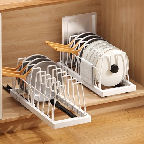 Mustorn 2 Pack Pots and Pans Organizer Under Cabinet, 21.6" Deep Pull Out Pot Lid Organizer Holder with Guardrail Adhesive Pot and Pan Holder Rack with 10 Adjustable Dividers(White) - color: White, size: 2 Pack