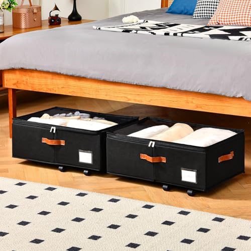 Freebat Under Bed Storage Organizer with Wheels, Underbed Container with Clear Lid Cover, Storage Bag Box with Visiable Window for Clothes, Bedsheet, Pillow, 2 Pack - size: 10 Inch