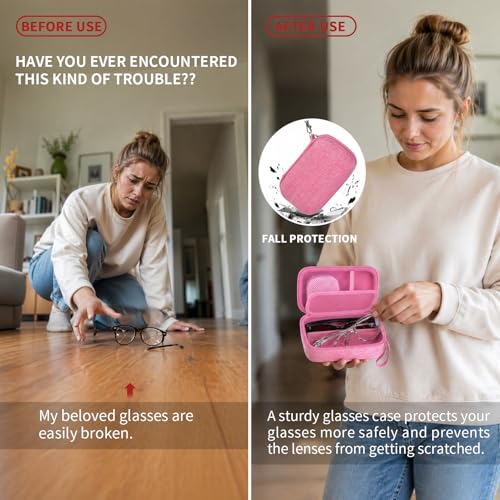 GWCASE Travel Glasses Organizer & Contact Lens Case - Adjustable Slots, Built-in Mirror, Tweezers, Solution Bottle & Hand Strap, Universal Fits Eyelasses/Sunglasses for Men & Women – Pink - color: Pink