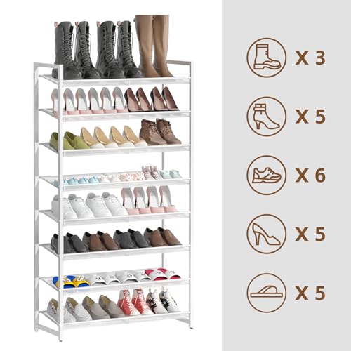 8-Tier Shoe Organizer, Tall Metal Shoe Rack for Closet Entryway Garage, Large Capacity Shoe Storage with Adjustable Flat, Holds 32-40 Pairs, White - color: White, size: 8Tier