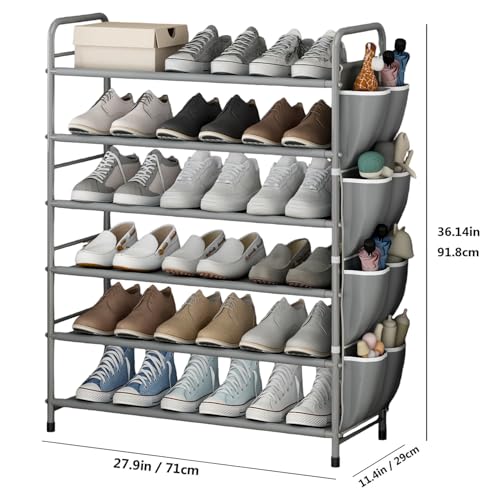 SUOERNUO Shoe Rack Storage Organizer 6 Tier Free Standing Metal Shoe Shelf Shoe Organizer with Side 8 Shoes Pockets for Entryway Closet Bedroom,Grey - color: Grey, size: 6 Tier