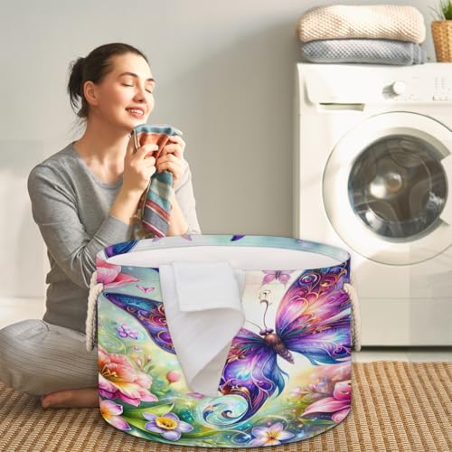 Pardick Spring Flower Butterfly Large Round Storage Basket Collapsible Circle Storage Bin Laundry Hamper With Handle for Kids Toy Blanket Clothes Towel Living Room Nursery Storage Organizer Decor - color: Print 12
