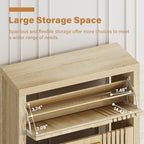 knoworld Shoe Storage Cabinet for Entryway with 2 Flip Drawers, 31.5" Slim Fluted Shoe Organizer Cabinet, Narrow Wooden Shoe Rack Cabinet, Freestanding Hidden Shoe Cabinet for Hallway, Entrance (Oak)