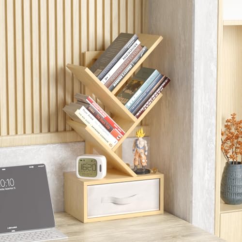 SHEEPAM Small Book Shelf with Drawer,4 Tier Black Tree Bookshelf,Wooden Desktop Bookcase,Modern Desk Display Storage Bookshelves,Floor Standing Organizer Bookcases for Living Room,Bedroom,Office - color: Natural, size: 4 Tier