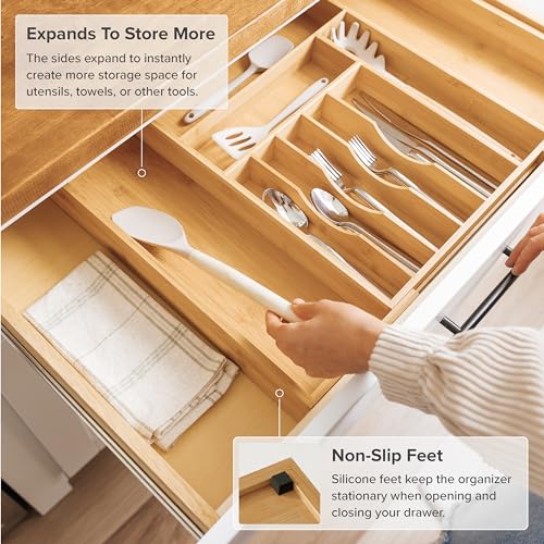 KitchenEdge Premium Silverware, Flatware and Utensil Organizer for Kitchen Drawers, Food-Safe Contract Grade, Expandable from 14 to 25 In, Natural Bamboo - color: Natural Bamboo, size: From 14.5" to 25" wide