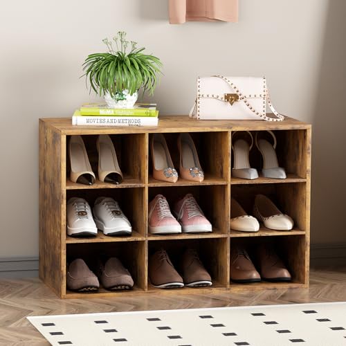 Garden 4 you Shoe Storage Bench, Cubby Shoe Rack with 9 Cubbies, 3-Tier Wood Shoe Rack Organizer, Shoe Organizer Cabinet for Entryway, Hallway, Closet and Garage, Brown - color: Brown, size: 9-cube 3-tier