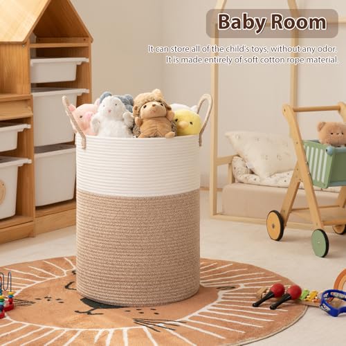 OIAHOMY Large Laundry Basket Hamper - 100L Cotton Rope Woven Basket for Blankets, Toys, Clothes - Tall Decorative Nursery Hamper with Long Handles, Brown/White - color: Brown/White, size: 100L