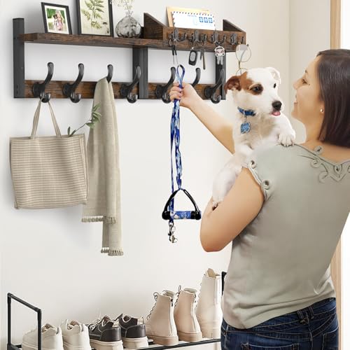 Evermagin 29" Coat Rack Wall Mount with Shelf, 4 in 1 Coat and Key Hanger with 11 Metal Hooks, Entryway Wall Mounted Shelf with Mail Holder for Living Room, Bedroom, Rustic Brown - color: Rustic Brown, size: 29 inch