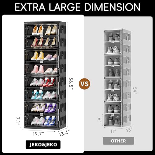 JEKO&JEKO 8 Tiers 16 Pairs Portable Shoe Organizer Storage Boxes with Magnetic Door, Folding X-Large Shoe Rack Free-Standing for Closet Entryway, Sneaker Storage Cabinet Fits US Size 12 (Black) - color: Single-row, size: 8 Tiers