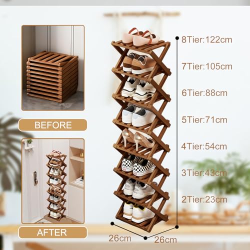 Comeon Bamboo Shoe Rack, Foldable Vertical Shoe Rack for Front Door Entrance Narrow Shoe Organizer Small Shoe Shelf for Entryway Shoe Storage Closet Multi-Tier (Brown Colors,6 Layers) - size: 6 Layers