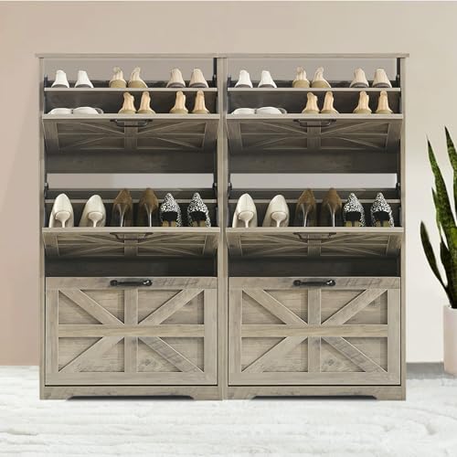 Shoe Storage Cabinet with 3 Flip Drawers, Farmhouse Shoe Organizer with Barn Door Design, Space-Saving Hidden Narrow Shoe Rack Cabinet for Entryway, Hallway & Foyer, Grey - color: Grey, size: 2 pcs-3 Flip Drawers