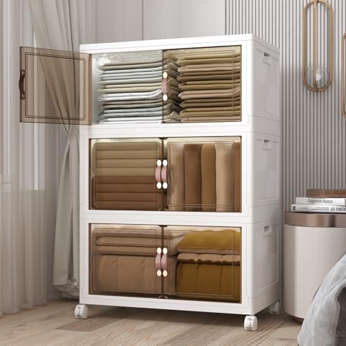 UAMFURI Extra Large Stackable Storage Bins with Lids & Wheels, 504QT-168QT/42GAL*3Pack Foldable Collapsible Closet Organizers Storage Cabinet with Doors for Bedroom Dorm - color: white, size: 3PACK-30"W20"D50"H