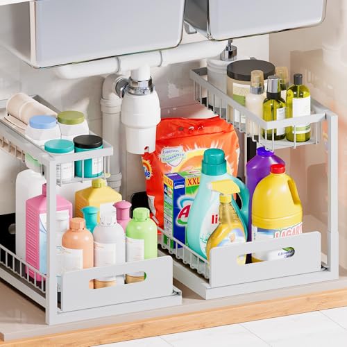VUSIGN 2 Pack Under Sink Organizer and Storage, 2 Tier Under Cabinet Organizer for Bathroom Kitchen with Pull Out Storage Shelf Drawer, White - color: White, size: 2 Pack