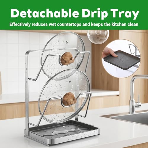 Stainless Steel Pot Lid Organizer, Double-Layer Kitchen Pot Lid Storage Rack with Removable Drip Tray, Countertop Spoon & Utensil Holder for Stovetop (Silver)