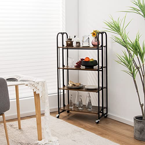 Giantex Foldable Storage Shelves with Wheels, No Assembly 4-Tier Rolling Cart, 2 of The Wheels Have Locks, Microwave Utility Cart Baker Rack, Portable Storage Rack w/Metal Frame, for Kitchen, RV - size: 52'' Tall