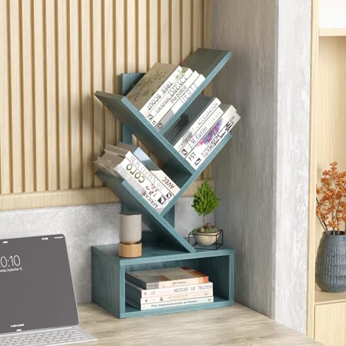 SHEEPAM Small Tree Book Shelf,5 Tier Black Tree Bookshelf,Blue Desktop Bookcase,Modern Desk Display Storage Bookshelves,Floor Standing Organizer Bookcases for Living Room,Bedroom,Office-Blue - color: Navy Blue, size: 5 Tier