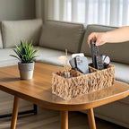 BTSKY Handwoven Remote Control Holder for Table, Natural Water Hyacinth Remote Control Caddy Small Wicker Storage Basket, 3-Compartment Office Supplies Desk Organizer Rustic Makeup Brushes Holder - size: 3-Slot