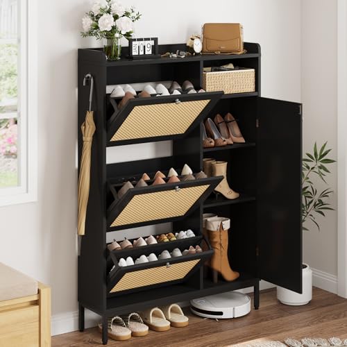 GarveeHome Shoe Cabinet Rattan with 3 Flip Drawers and 4-Tier Shoe Storage Cabinet, Freestanding Shoe Organizer with Adjustable Shelves for Entryway, Closet, Hallway (Black) - color: Black, size: 3-Drawers + 1-Door