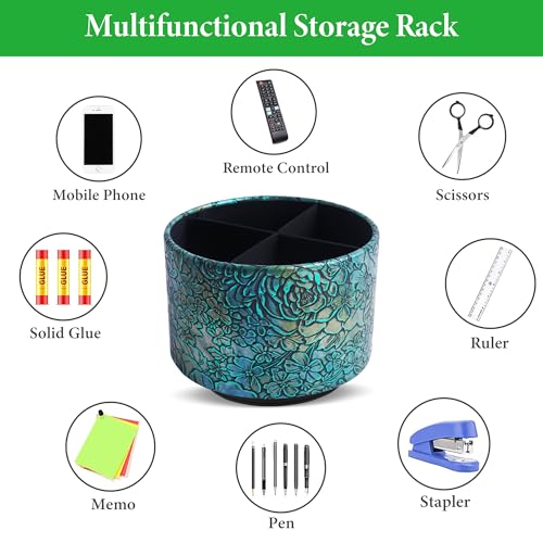 Round Leather Art Supply Organizer,Remote Control Holder,360 Degree Spinning,Multi-Functional Pencil Holder,4 Compartments Desktop Stationary Organizer(1-Rich Flower Green) - color: 1-Rich Flower Green1